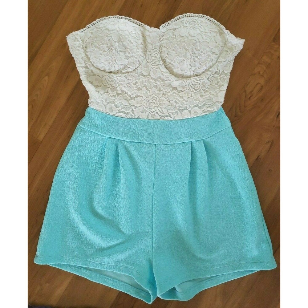 Cest Toi Womens Jrs S Romper  Strapless Lace Upper Blue Shorts Texture Colorful